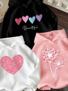 3pcs/Set Toddler Heart Graphic Warm Hooded Sweatshirts - Multicolor - View 5