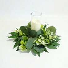 1 pieza Corona artificial de eucalipto, corona de planta verde realista para fiestas, adecuada para Navidad, boda, hogar, mesa, gabinete, decoración de puerta, Día de San Valentín, Acción de Gracias, Pascua, Día de la Madre, Navidad, cumpleaños, aniversario, fiesta de graduación, corona de hojas de eucalipto artificial de alta gama para hotel, cafetería, restaurante (vela no incluida) Decoración del hogar Decoraciones navideñas Decoración de habitación - Verde y blanco - Ver 4