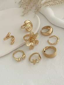 8 件套复古光滑素色戒指，波西米亚海星戒指，时尚花朵和水滴设计戒指，适合女性日常佩戴和派对装饰，节日礼物 - 金黃色 - 查看 5