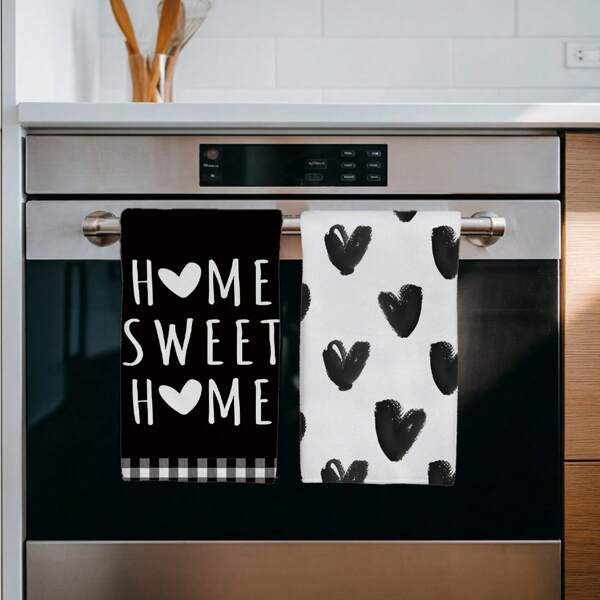 2 Peças Pano de Cozinha com Texto Impresso "Home Sweet Home" em Coração Preto e Branco, 15,75 * 23,62 polegadas (40 * 60 cm) Microfibra Super Macia Absorvente, Decoração de Cozinha, Toalhas de Chá para Cozinhar e Assar, Toalhas de Mão, Acessórios de Cozinha, Lavável em Máquina, Adequado para Sala de Jantar, Cozinha, Decoração e Presente de Feriado