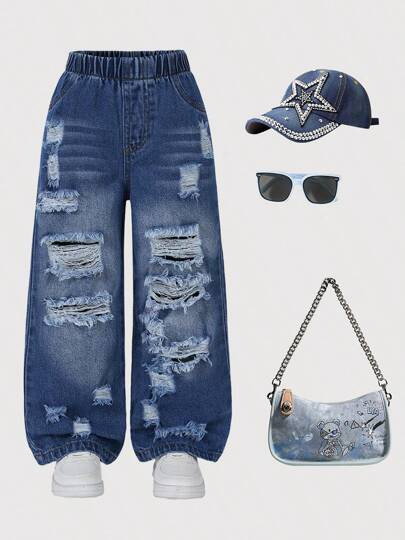 1pc Young Girl Ripped Streetwear Style Denim Long Pants, Autumn/Winter New Arrival