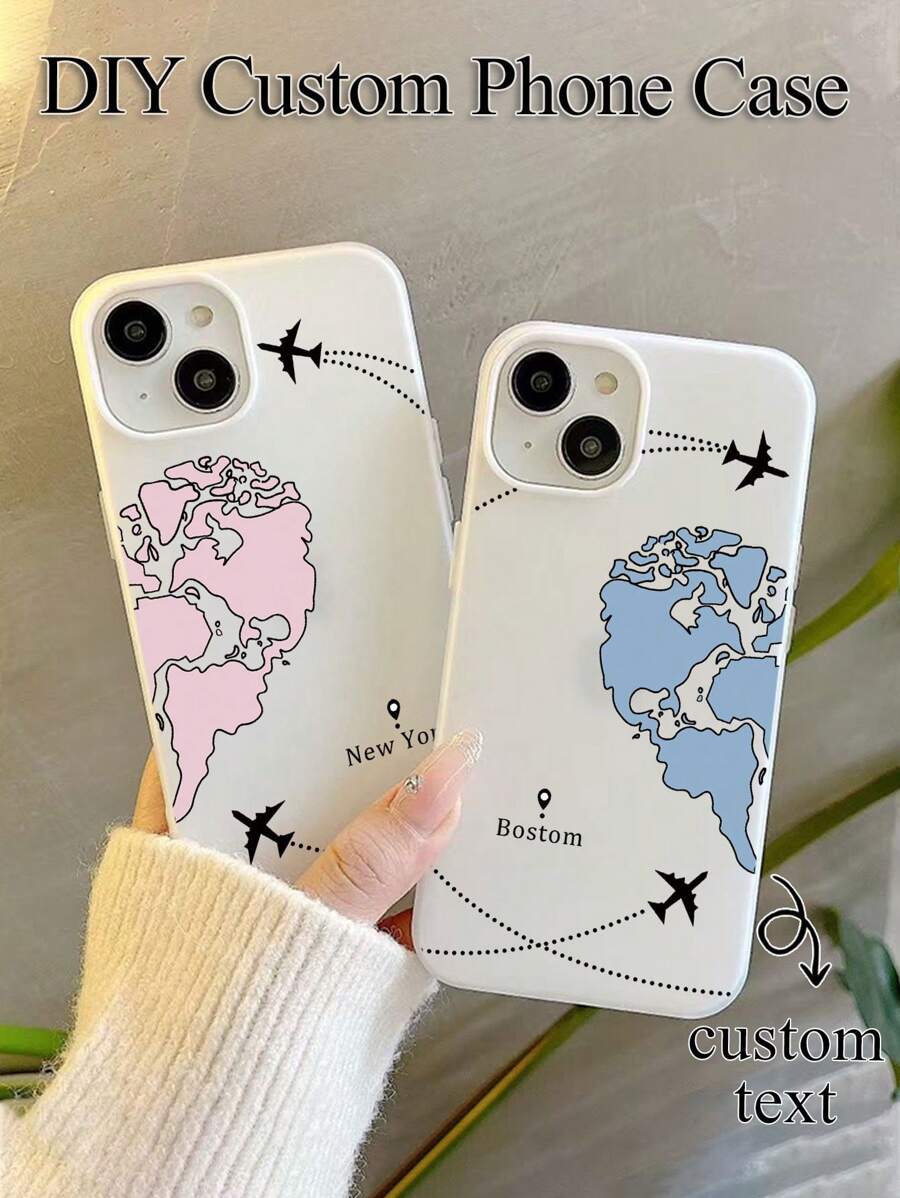 1pc Customized Phone Case, Couples Blue & Pink Airplane Patchwork Map Pattern Anti-Slip Matte 2-In-1 TPU Phone Case Compatible With IPhone 17ProMax/16ProMax/16Pro/16Plus/16E/16/15/15Plus/15Pro/15Promax, 14/14Plus/14Pro/14Promax, 13/13Pro/13Promax, 12/12Pro/12Promax, 11/11Pro/11ProMax, 8/7 Phone Accessories