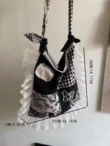 Retro Polka Dot Heart Canvas Tote Bag, Large Capacity Commuting Bag Suitable For College Students, Colorblock Handbag, Shoulder Bag, Versatile Campus Bag For Women - Black - View 6