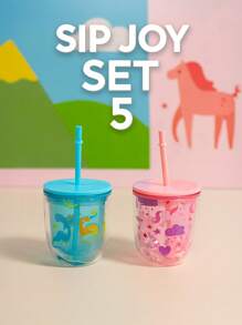 SIP JOY piąta seria spersonalizowanych kubków ze słomką i pokrywką, kubek na wodę 350 ml, uroczy przenośny plastikowy kubek odpowiedni do picia dla uczniów w domu i na zewnątrz