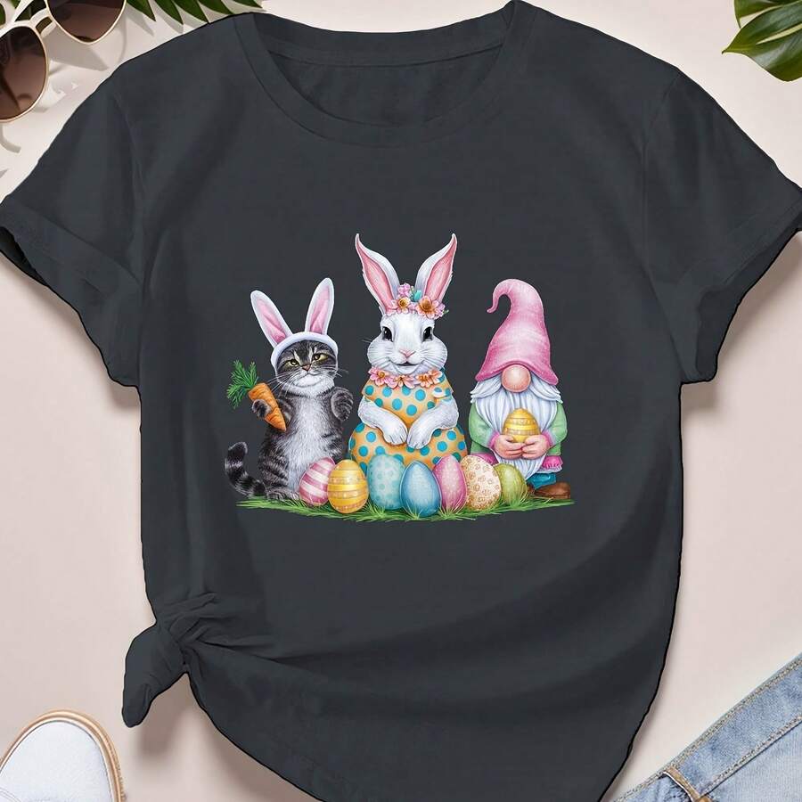 Plus Size Womens Easter Bunny Chick Graphic Tee Festive Short Sleeve Crew Neck T Shirt White Polyester Casual Top For Spring Summer Casual   Vibrant Print Shirt Stretchy Knit Tee220g High-Quality Pure Cotton T-Shirt With Minimalist Printing, Soft And Breathable Fabric, Comfortable And Loose, Suitable For All Day Wear, Suitable For Office Casual Wear, Spring And Summer Daily Appearance, Elegant And Youthful Design Ropa De Hombre - 黑色 - 查看 1