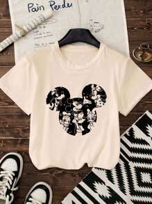 Disney Women's New Round Neck Short Sleeved Plus Size Summer, Casual Style Anime Patterns Printed Plus Size Round Neck T-Shirt, Sweet And Gentle Temperament, Slim And Comfortable Summer Tops, Suitable For Daily Casual Wear, Graphic Tees Women, Khaki Colored Top, Summer Outfits For Women