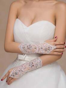 1 件多功能蕾丝水晶白色新娘手套，新款蕾丝手套，婚纱手套，新娘婚礼珍珠透明网眼长款白色表演宴会配饰覆盖手套秋季配饰 - 白色 - 查看 2