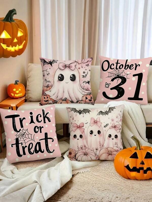 4pcs/1pc Cute Pink Halloween Party Decoration Pillow Cover - Printed With "Trick Or Treat" And Pink Bow Ghost Pattern, 18x18 Inches | Zipper Closure | Durable Polyester Material | Sofa, Bedroom, And Living Room Decoration Cushion Cover, Used For Halloween Decoration, Party Supplies, And Home Decor. No Filling Material