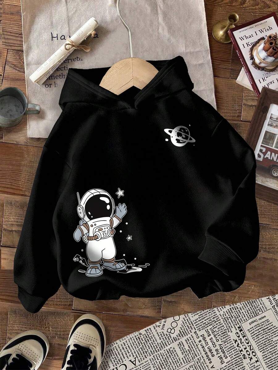 Sudadera con capucha de manga larga y patrón de dibujos animados cálida para niño pequeño - Negro - Ver 1