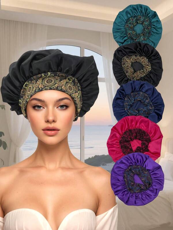 1pc Classic Printed Style Silk Bonnets For Women,Wide Edge Is Elastic,Suitable For Home Use,Graduation Season Gifts.