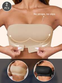 2件装女士前扣无肩带聚拢文胸 - 婚纱新娘内衣抹胸，性感无钢圈抹胸，带可调节松紧带，无缝隐形文胸，舒适透气黑色内衣 - 彩色 - 查看 3