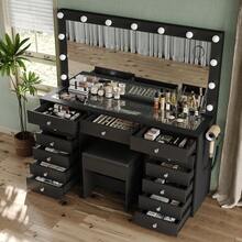 FUSOU 13 Drawers Vanity Desk, Makeup Vanity With Power Outlet, Vanity Table With Mirror And 13 LED Bulbs, 3 Color Lighting Modes, Glass Top, Dressing Table For Bedroom - 查看 2