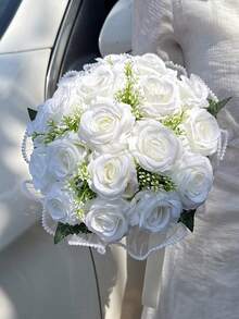 1朵新娘婚禮花束，象牙白新娘花束，人造花婚禮花束，帶絲帶伴娘花束，情人節，裝飾珍珠蕾絲網玫瑰花束