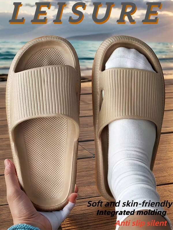 Summer Fashion Men's Home Slippers, Simple, Everyday, Solid Color Stripe Model, EVA Material, Soft, Light, Breathable, Antibacterial, Bathroom Slip-Proof, Silent, Odor-Proof, Quick-Drying, Easy To Clean, Indoor Outerwear, Gym Shoes, Same Model For Men