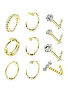 Conjunto de 10 peças de argolas de nariz em formato de L, 20g, douradas, piercing de nariz feminino, argola de nariz, aço inoxidável 316L, argolas de nariz em formato de L, parafuso de argola de nariz, pacote de prata para mulheres e homens, piercing de lábio, conjunto de joias de piercing corporal feminino, argolas de nariz para mulheres, piercing de nariz, joias de septo, piercings falsos, pino de nariz, piercing falso - 10 peças/conjunto - Ver 12