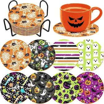 Nuevo Juego de Pintura de Diamantes DIY, completamente cubierto de rhinestones, decoración de posavasos para sala de estar/dormitorio, 8 diseños de Halloween, adecuado como regalo, 1 set con 8 piezas, 70 sets/560 piezas