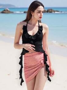 Mother's Day Independence Day Graduation Season Birthday Gift New Women's Strap Top, Strap Up Sleeveless Top, Backless Ruffle Solid Color Summer Tank Top, Suitable For Club Parties - 黑色 - 查看 5