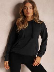 女式纯色长袖口袋抽绳连帽运动衫 - 黑色 - 查看 1