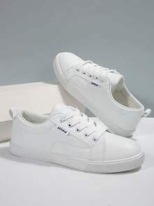 1 Pair New Flat Lace Up Slip On Casual Small White Shoes, Comfortable & Versatile Student Sneakers, Skateboard Shoes, Sizes 35-43 - White - View 5