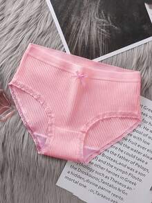 6条随机颜色蝴蝶装饰纯色罗纹棉质内裤，女士涤纶罗纹蕾丝边日常内衣 - 彩色 - 查看 5