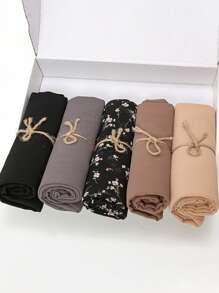 1 boîte 5 pièces foulards en chiffon de couleur unie + 2 pièces pinces à cheveux, ensemble de foulards, turbans pour le port casual quotidien, ensemble de foulards légers et respirants, boîte cadeau, cadeau de vacances
