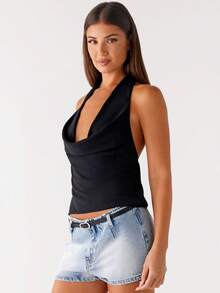 Tank Top For Women Summer Halter Tops Deep V-Neck Pleated Sleeveless Cami Shirts Party Night Streetwear - màu đen - Xem 8