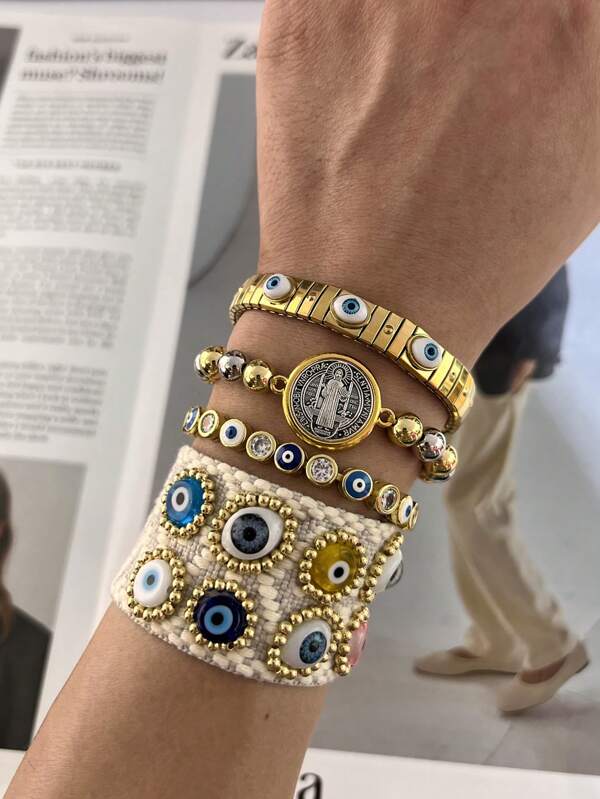 1pc Fashionable Turkey Eye Virgin Mary Lucky Charm Copper Bead Stainless Steel Bracelet, Suitable For Women's Daily And Party Wear
