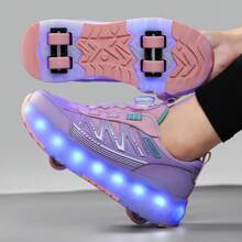 夏季 LED 灯运动轮滑鞋，适合青少年、学生、成人和情侣，时尚透气低帮运动鞋，可转换室内/室外轮滑鞋 - 粉色 - 查看 5