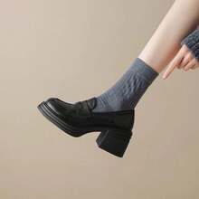 New Pure Color Round Toe Small Leather Shoes Thick Sole Thick Heels JK Lolita Cosplay Loafers Single Shoes - Black - View 3
