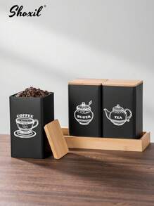shoxil 1pc Square Coffee Storage Canister - Airtight Bamboo Lid & Metal Body, Suitable For Storing Coffee Beans, Tea Leaves Or Snacks, For Home Use/Coffee