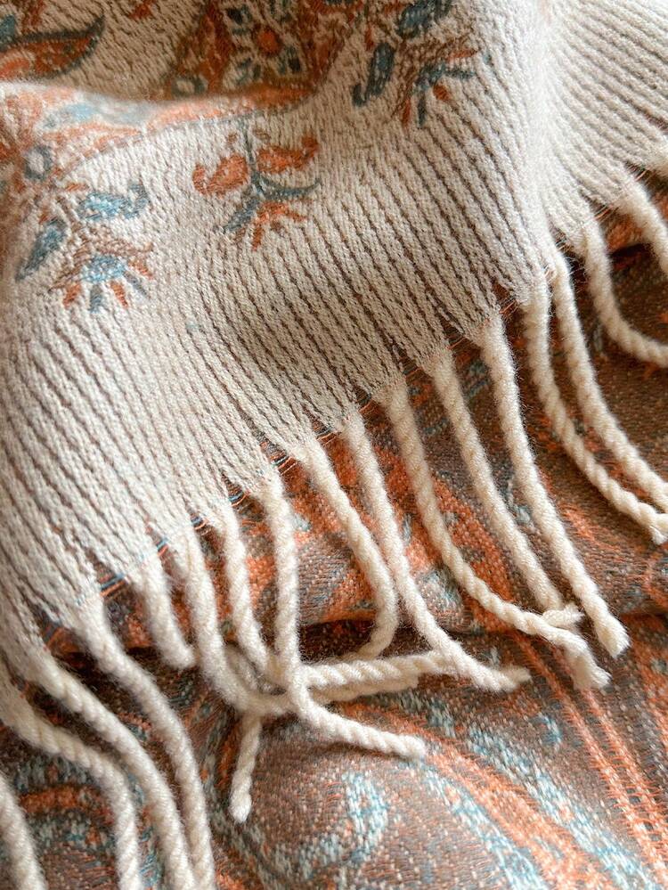 1 chiếc khăn choàng cổ dày ấm áp họa tiết Paisley có tua rua, phong cách Bohemian, đa năng và thanh lịch để mặc hàng ngày cho trang phục - Màu be - Xem 3