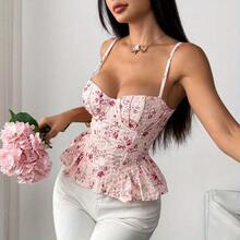 Women'S Floral Lace-Up Chest Wrap - Sexy Backless Ruffle Trim, Lightweight &, Pink Floral Design, Perfect For Spring And Summer, Spring Fashion Accessory | Floral Laceup Design | Ruffle Trim Detail - Blue - View 2
