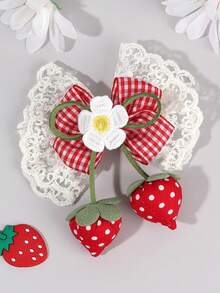 1 件女孩可爱草莓蝴蝶结发夹，配可爱草莓球尾和花朵装饰，花卉刺绣米色蕾丝蝴蝶结发夹 - 迷人甜美水果风格，适合日常穿着、学校、派对和春夏 - 彩色 - 查看 2