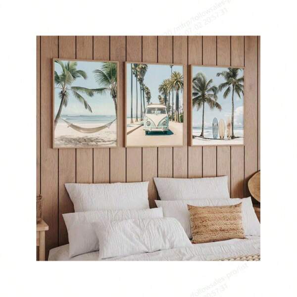 Conjunto de 3 murais de viagem com pranchas de surfe tropicais, pôsteres de tela com fotos de praias da Califórnia, impressões de palmeiras-do-mar, decorações de parede azuis, decorações de verão, arte costeira, adequado para salas de estar, quartos, cozinhas, escritórios domésticos, bares, cafés, corredores, casas e decoração de quartos, sem moldura