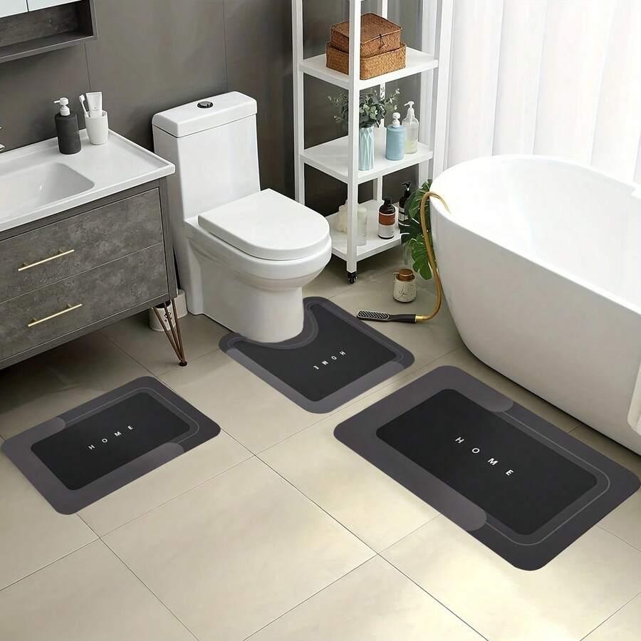 3-Piece Super Absorbent Bathroom Mat Set - Non-Slip Machine Washable Rugs For Bath, Shower Toilet, U-Shaped Contour, Rectangular Mats With HOME Design, Durable Microfiber Floor Covers, Fits Bathroom, Hotel, Dorm - Black - View 1