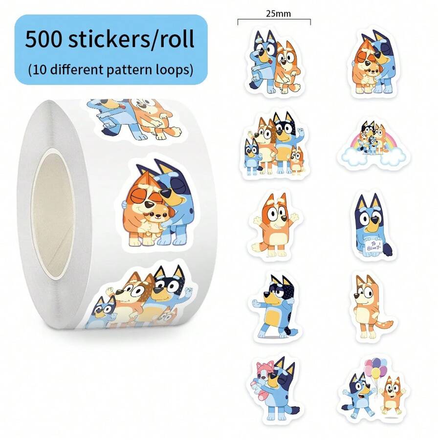 Bluey 500 piezas de pegatinas de rollo del anime Bluey, pegatinas de recompensa de dibujos animados de animación divertida para decorar portátiles, teléfonos, guitarras, patinetas, regalos