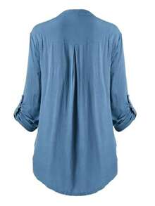 Women's Tunic Tops Lace Flower V Neck Long Sleeve Button Down Blouse For Spring Summer Streetwear - Blue - View 2