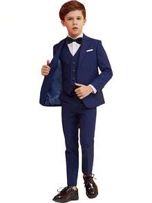 5pcs Boys Suit Set, Toddler Tuxedo Formal Wear, Ring Bearer Outfit, Wedding Suit Jacket, Vest, Pants, Shirt, Tie, Formal Children Suit, Navy Blue, Size 6-16 Years