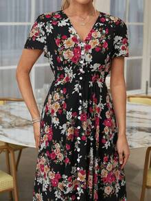 Rusttydustty 波西米亚玫瑰花卉收腰女士长裙，适合情人节、夏季派对、海滩度假、音乐节、婚礼季和晚宴等场合。 - 黑色 - 查看 7