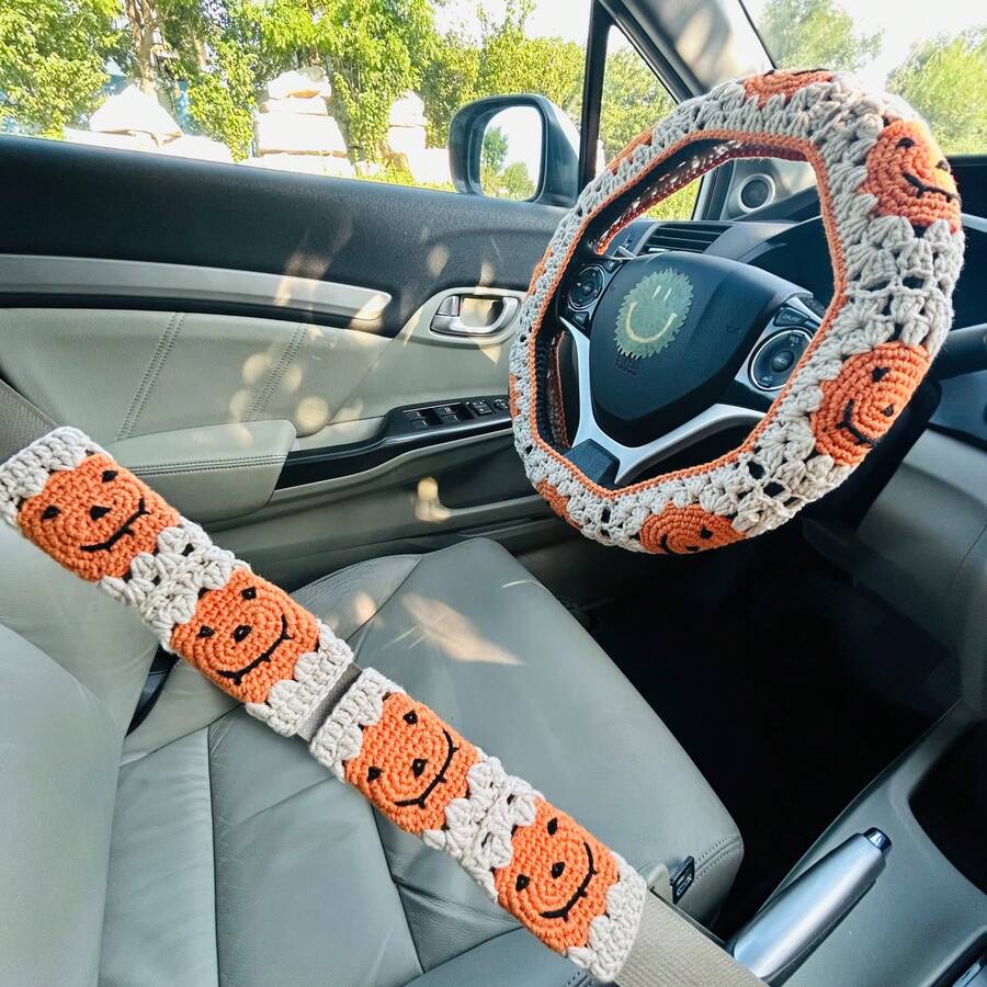 onEternal 1pc Handmade Crochet Halloween Pumpkin Steering Wheel Cover And 2pcs Seatbelt Covers Car Interior Decor Set