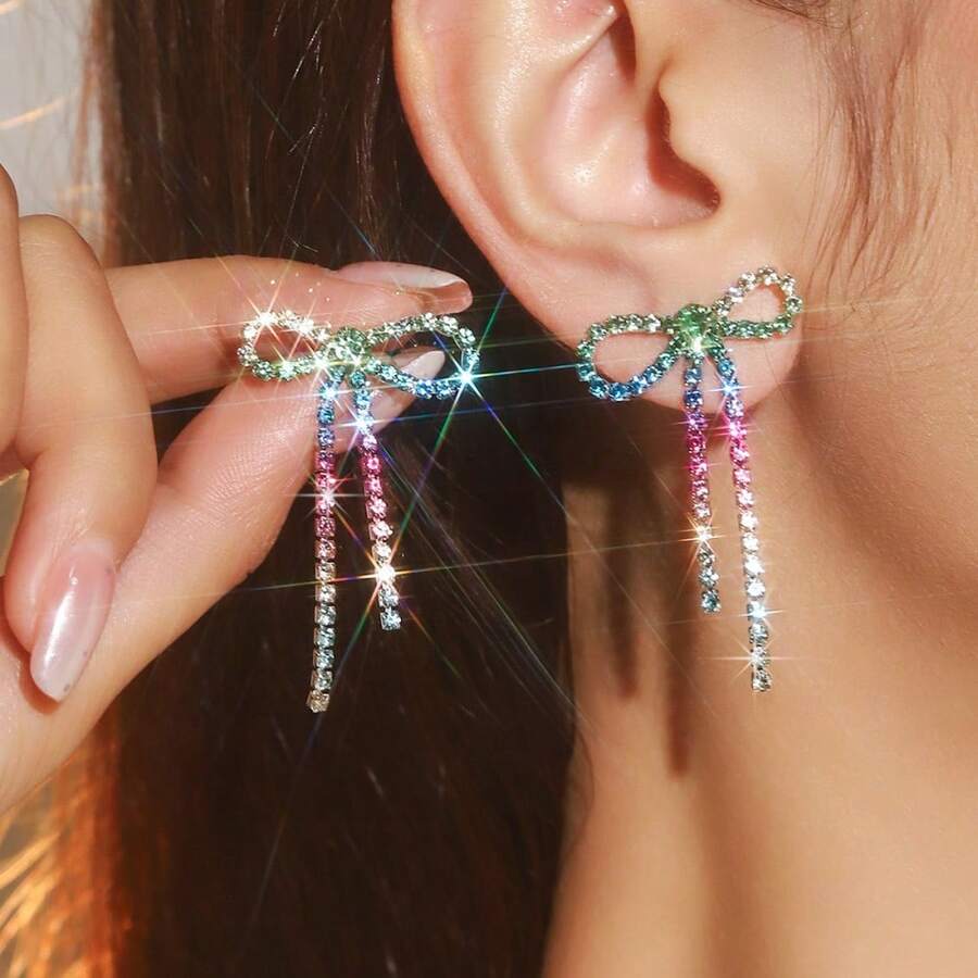 Bow Earrings For Women Rhinestone Long Tassel Earrings Ribbon Bow Drop Earring Silver Stainless Steel Dangle Earrings Cute Sparkly Jewelry - 彩色 - 查看 1