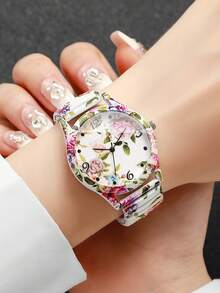 1pc Women's Printed Elastic Strap Casual Digital Scale Dial Quartz Watch, Fashion Classic Character Watch, No Watch Box Included - White - View 2
