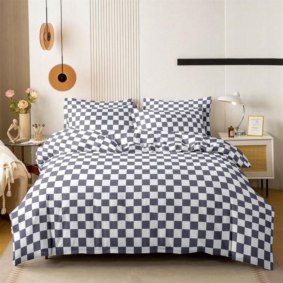 3pcs Geometric Checkerboard Duvet Cover Set (2*Pillowcases, 1*Duvet Cover, No Filler), Gray & White Checkered Bedding Set, Super Soft, Comfortable, Breathable, Suitable For All Seasons, Perfect For Bedroom, Guest Room, Dorm And Hotel Decor
