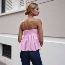 Women Sexy Strapless Ruffle Hem Tube Top Summer Solid Sleeveless Backless Tube Top Pleated Peplum Flowy Bandeau Top - Pink - View 8