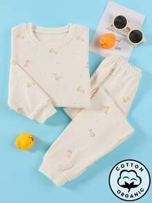 2 piezas/set Pijama de manga larga con estampado de pato de algodón de dibujos animados Thick para niños pequeños, adecuado para ropa de estar en casa y ropa exterior, primavera y otoño
