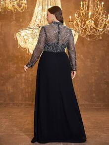 UNITHORSE Đầm dạ hội maxi dài tay cổ đứng thanh lịch dành cho nữ cỡ lớn, chất liệu chiffon lưới, đính hạt và sequin, màu đen, thích hợp cho đám cưới, tiệc mùa xuân. - màu đen - Xem 2