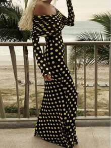 Women's Young, Fashionable, Romantic, Elegant Long Sleeved Classic Polka Dot Pattern Off Shoulder Texture Crochet Hole Design Long Polka Dot Dress