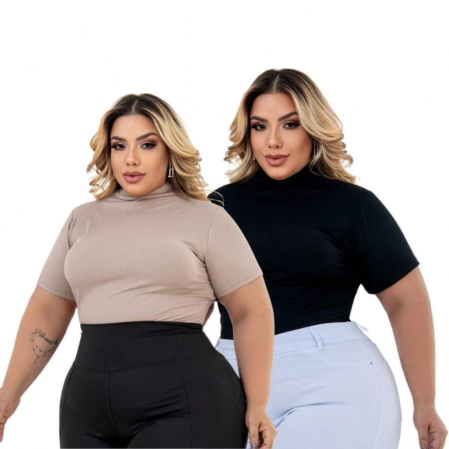 Kit Of 2 Plus Size Cacharrel Women's Blouses With Ribbed Turtleneck, GG To G3 - Beige and Black - View 1