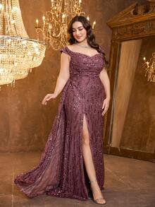 [随机印花] UNITHORSE Plus 女士抹胸褶饰胸背带设计飘逸开衩优雅晚礼服 - 中紫紅色 - 查看 5