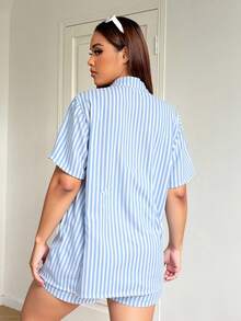 Conjunto camisa larga short corto holgados rayado set blusa rayas verticales - Azul - Ver 4